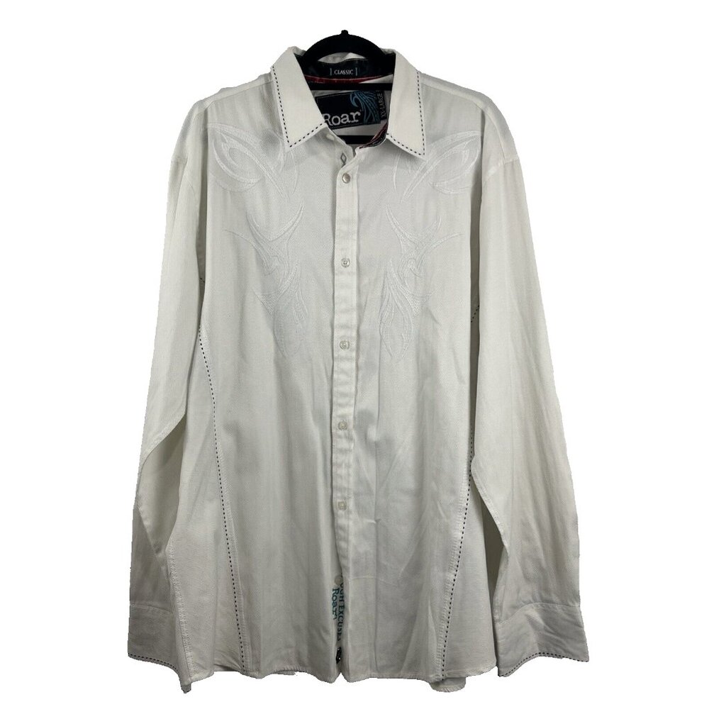 Roar Signature Button-Up White Shirt w/ Embroidered Slash Designs Mens Size XXL